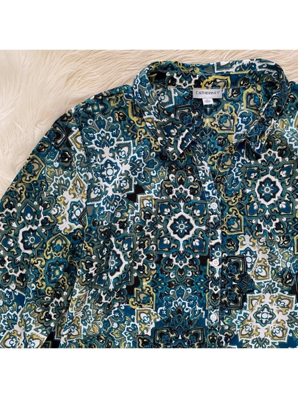 Catherines Timeless Blouse Deep Teal Tile Paisley Blue Green Button Up Shirt 2X - Picture 3 of 10